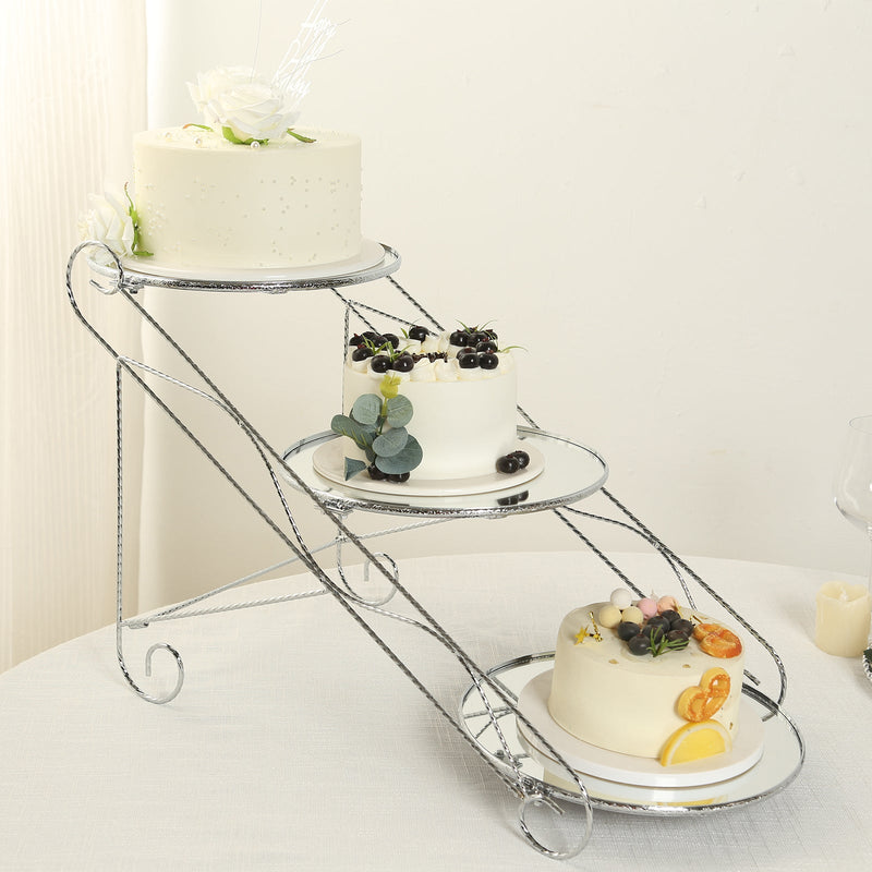 3-Tier Silver Cascading Metal Riser With Round Mirror Trays, Dessert Holder Display Stand Tiered Serving Platter - 16