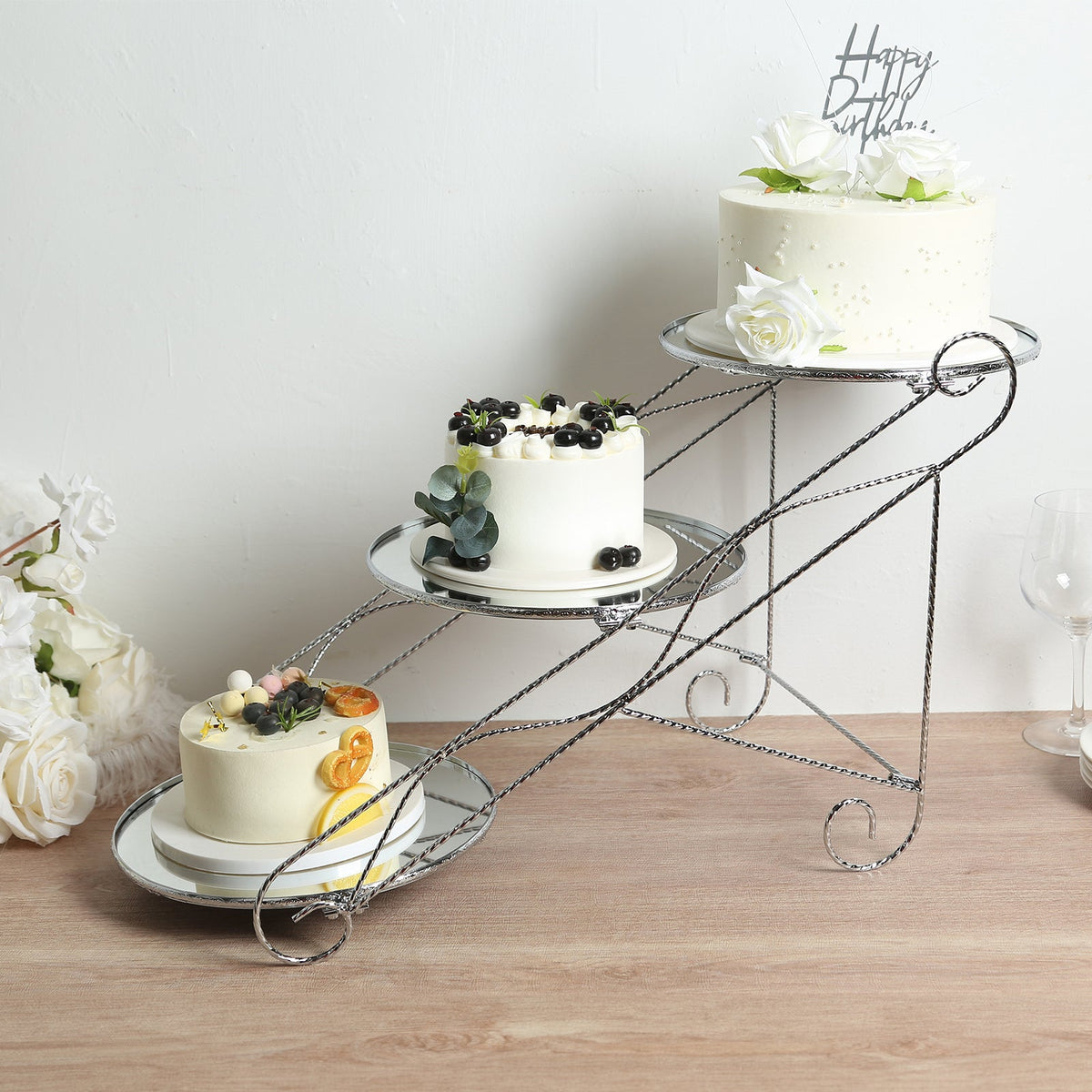 Silver Food Riser 3-Tier Silver Cascading Metal Riser With Round Mirror Trays, Dessert ...