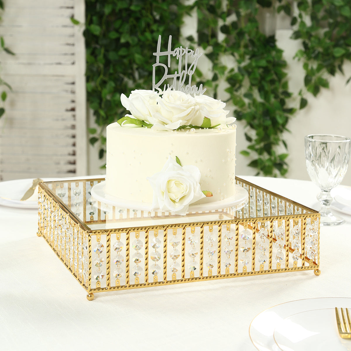 Square Crystal Beaded Metal Pedestal Riser with Glass Top 14