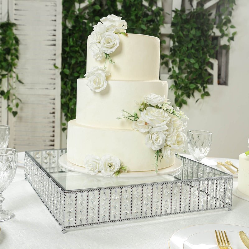 Square Crystal Cake Stand with Hanging Beads and Glass Top – 18