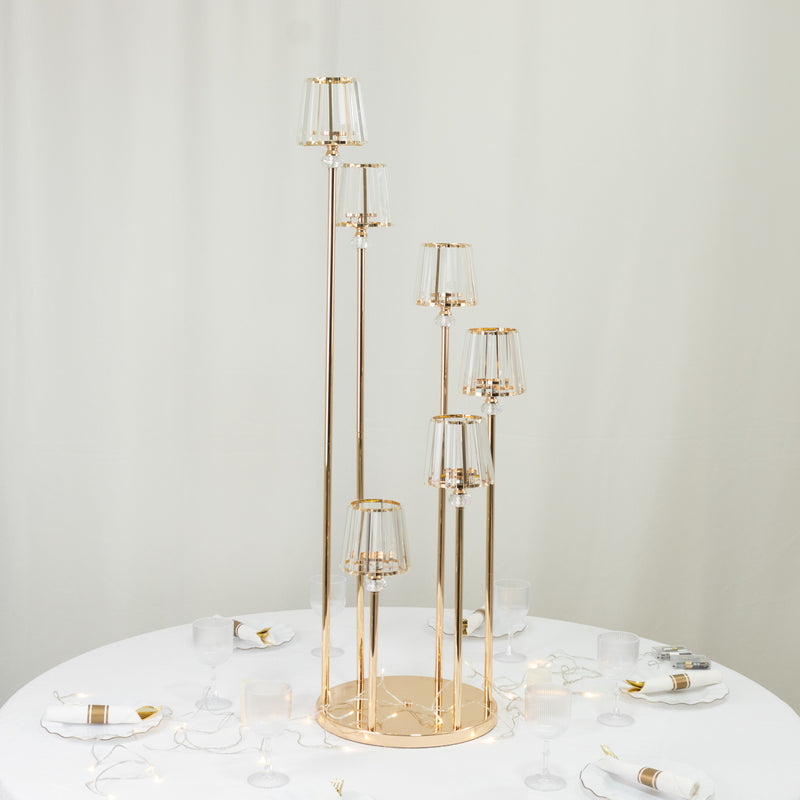 6-Arm Crystal Pendant Cluster Candelabra Candle Holder, 4ft Gold Metal Candle Stand with Round Base
