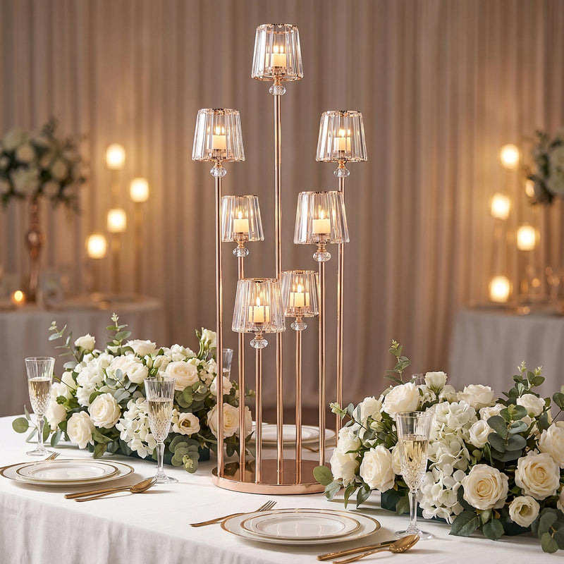 4ft 7-Arm Gold Metal Cluster Candelabra with Crystal Pendant Glass Shades - Round Base Floor Stand