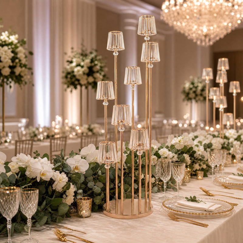 4.3ft 8-Arm Gold Metal Cluster Candelabra with Crystal Pendant Glass Shades - Round Base Floor Stand