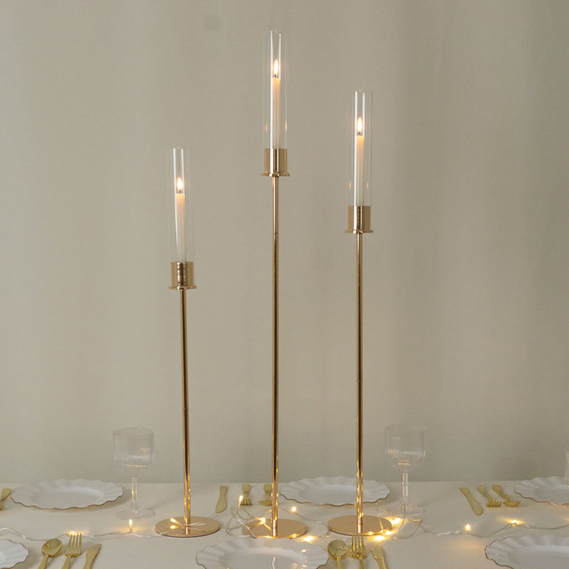 Set of 3 Gold Metal Taper Candle Holders – Modern Minimalist Candlestick Stands with Hurricane Glass Shades – 28