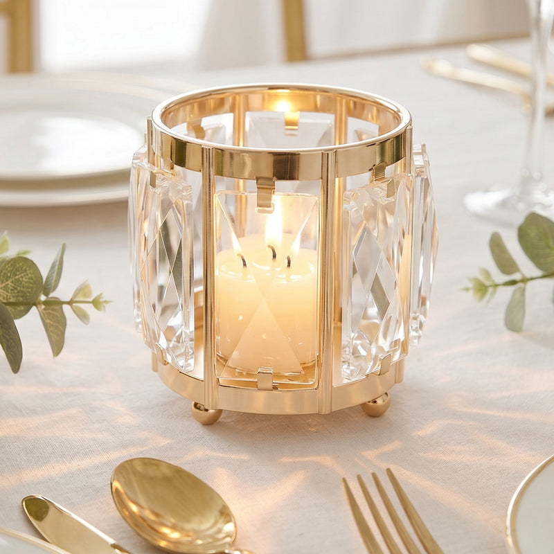 6 Pack Gold Votive Candle Holders, Metal Frame Tea Light Cups with Faceted Crystal Pendant Panels