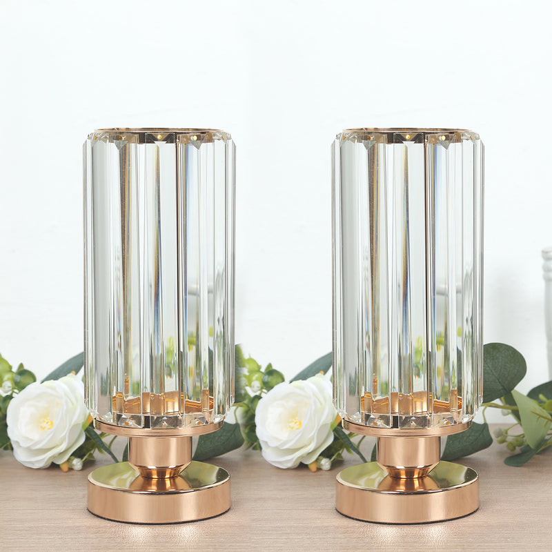 2 Pack Crystal Pendant Hurricane Candle Holders in Gold, Elegant Cylinder Design for Pillar Candles, Short-Stemmed Decorative Table Centerpieces - 11