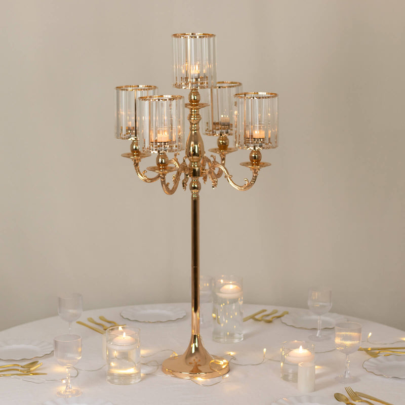 Gold Metal Candelabra with Crystal Pendant Glass Shades – Candle Holder for Pillar, LED, and Flameless Candles