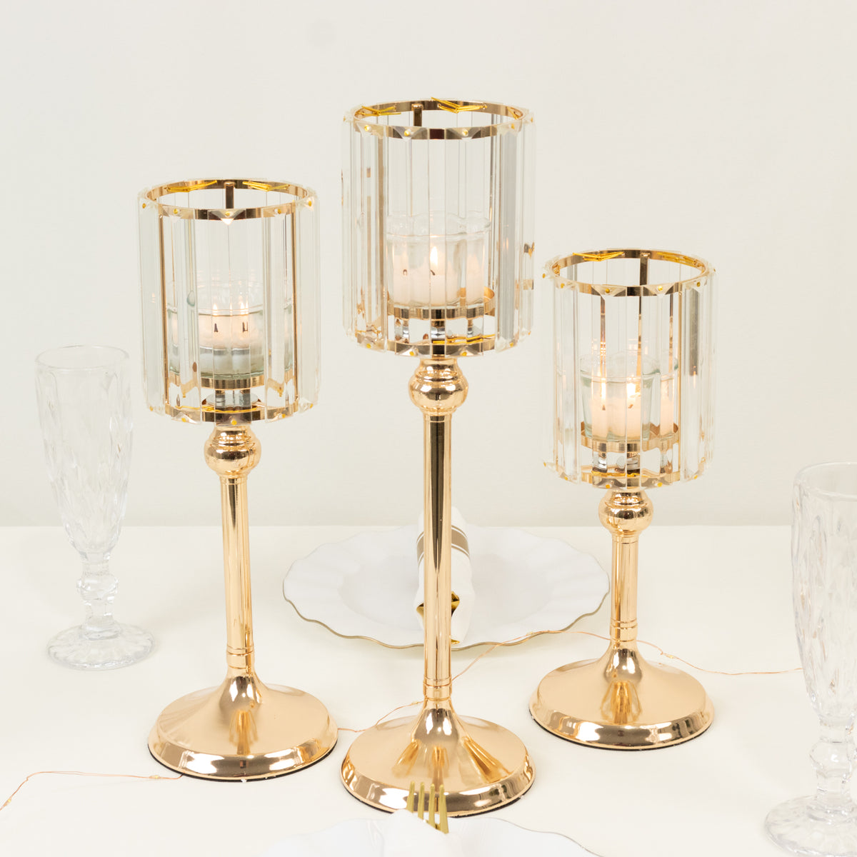 Set of 3 Gold Crystal Pendant Hurricane Candle Holders 11",13",15 ...