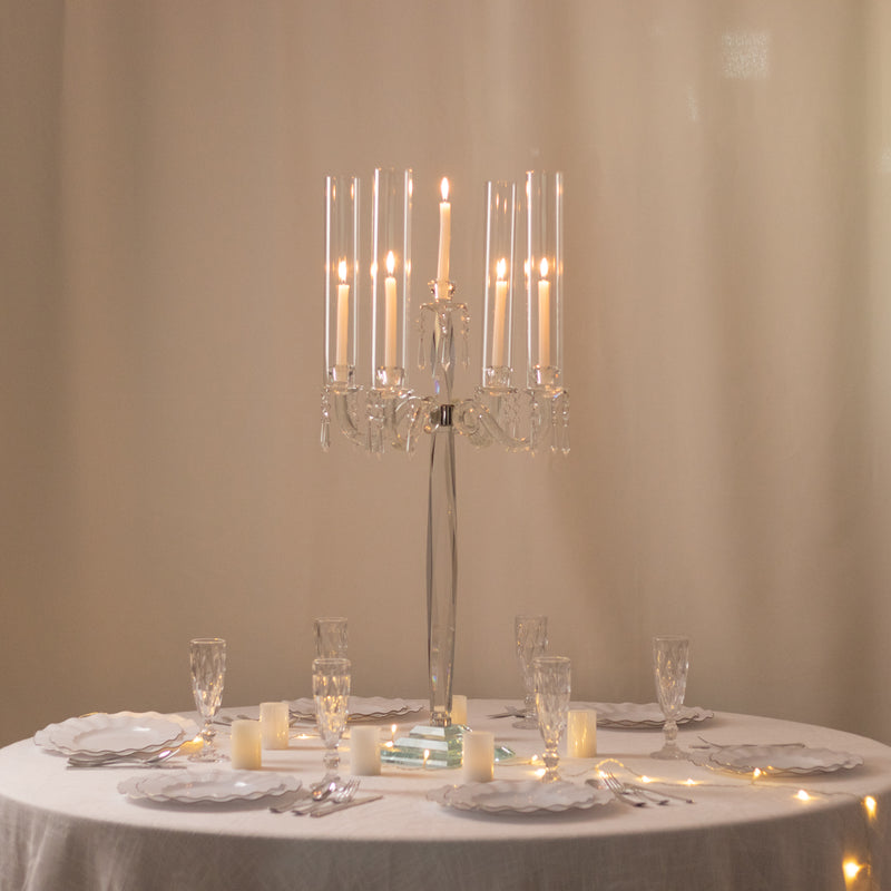 Crystal 4-Arm Candelabra Taper Candle Holder with Hurricane Glass Shades – Table Centerpiece with Pedestal Base & Hanging Crystal Accents - 38