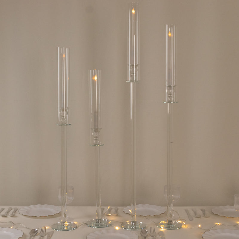 Set of 4 Crystal Glass Hurricane Taper Candle Holders, Clear Cylinder Chimney Tubes - Decorative Tall Candle Stands 29