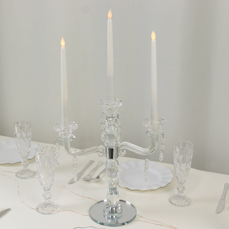 Crystal Candelabra Taper Candle Holder with Hanging Prisms & Round Mirror Base – Faceted Cut Glass Design - 14
