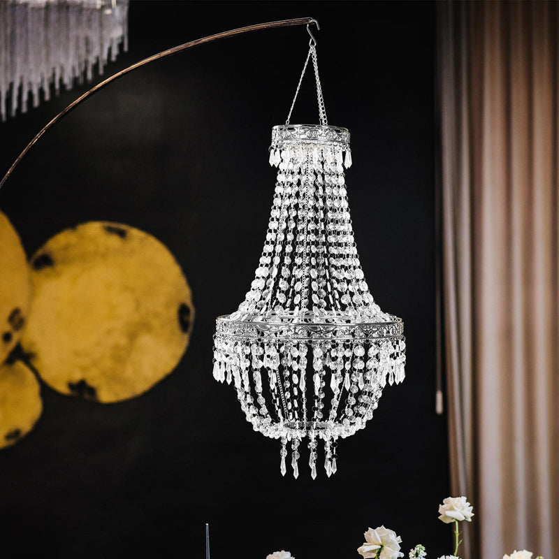 Empire Style Beaded Crystal Chandelier with Silver Ornate Metal Frame, Adjustable Hanging Farmhouse Pendant Ceiling Lighting