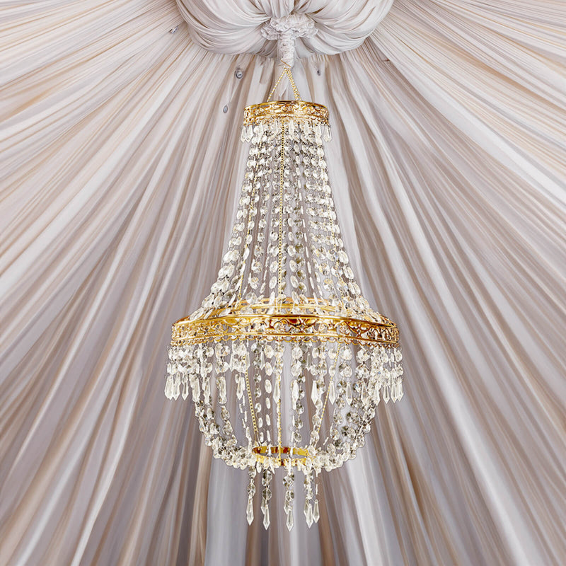 Empire Style Beaded Crystal Chandelier with Gold Ornate Metal Frame, Adjustable Hanging Farmhouse Pendant Ceiling Lighting