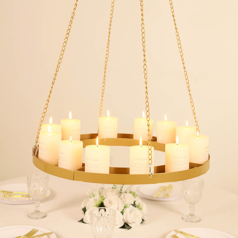 Hanging Metal Floral Chandelier Frame in Gold - Circular Lighting, Candle and Floral Display Base