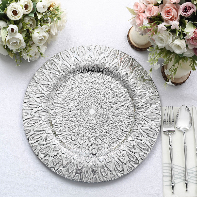 6 Pack Embossed Peacock Design Plastic Serving Plates, Round Disposable Charger Plates 13