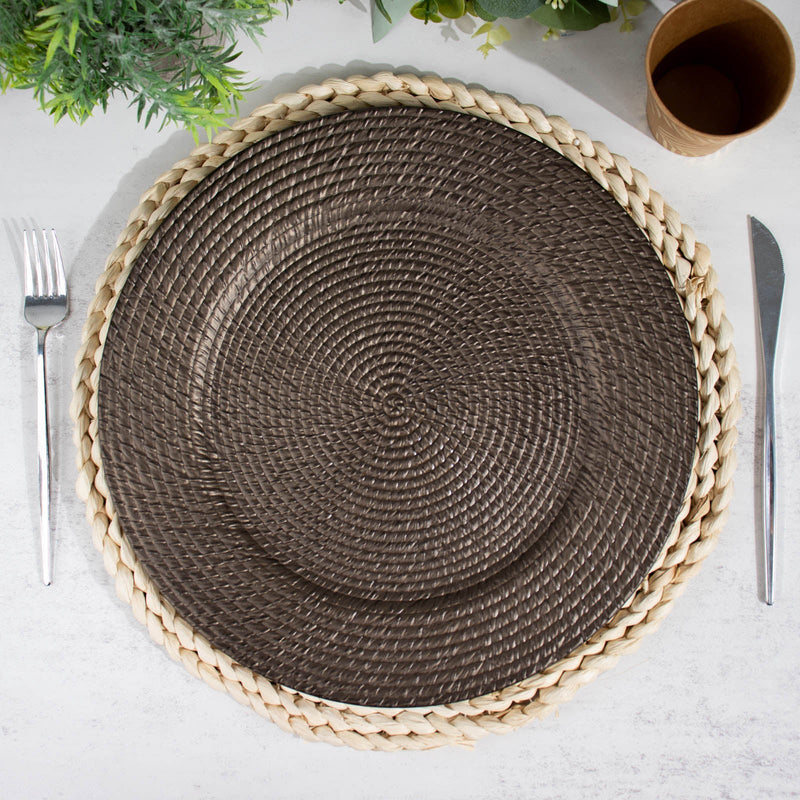 6 Pack Natural Brown Acrylic Plastic Rattan-Like Charger Plates, Round Disposable Dinner Serving Plates 13