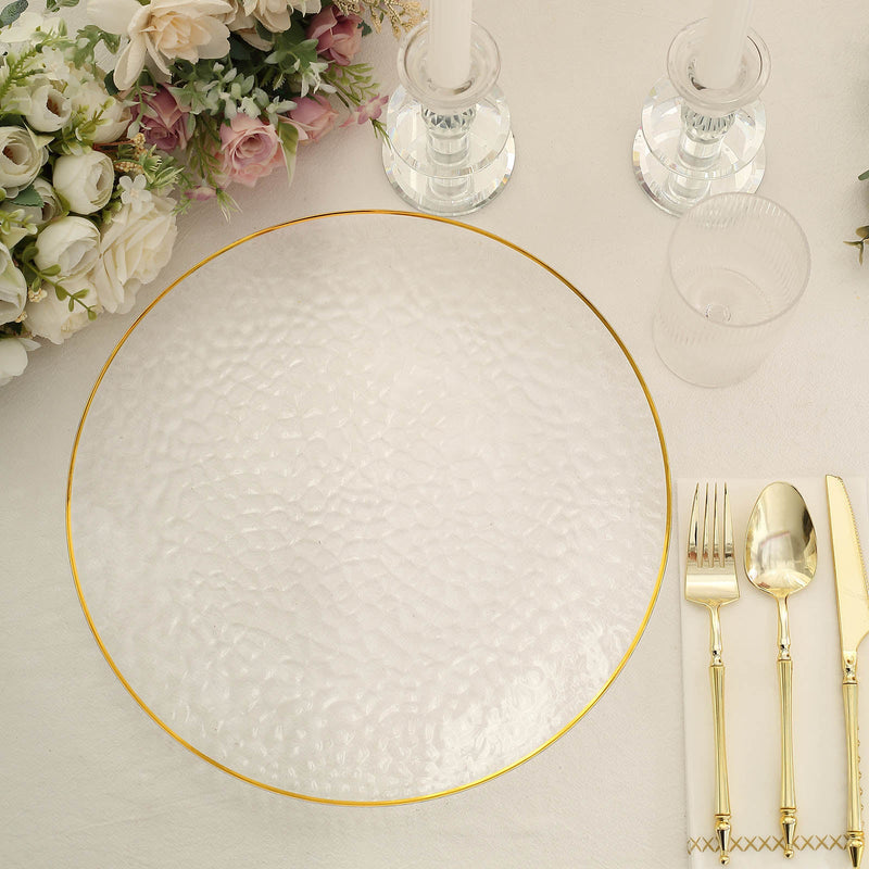 6 Pack Clear With Gold Rim Hammered Plastic Charger Plates, Round Disposable Serving Plates 13