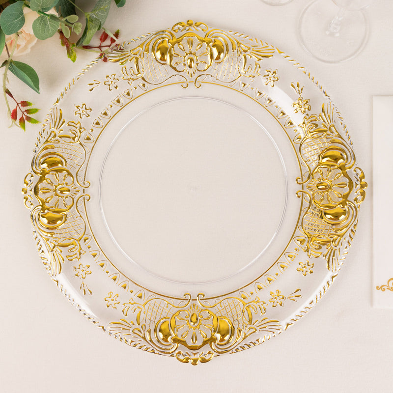 6 Pack Clear Plastic Dinner Charger Plates With Gold Florentine Style Embossed Rim, 13