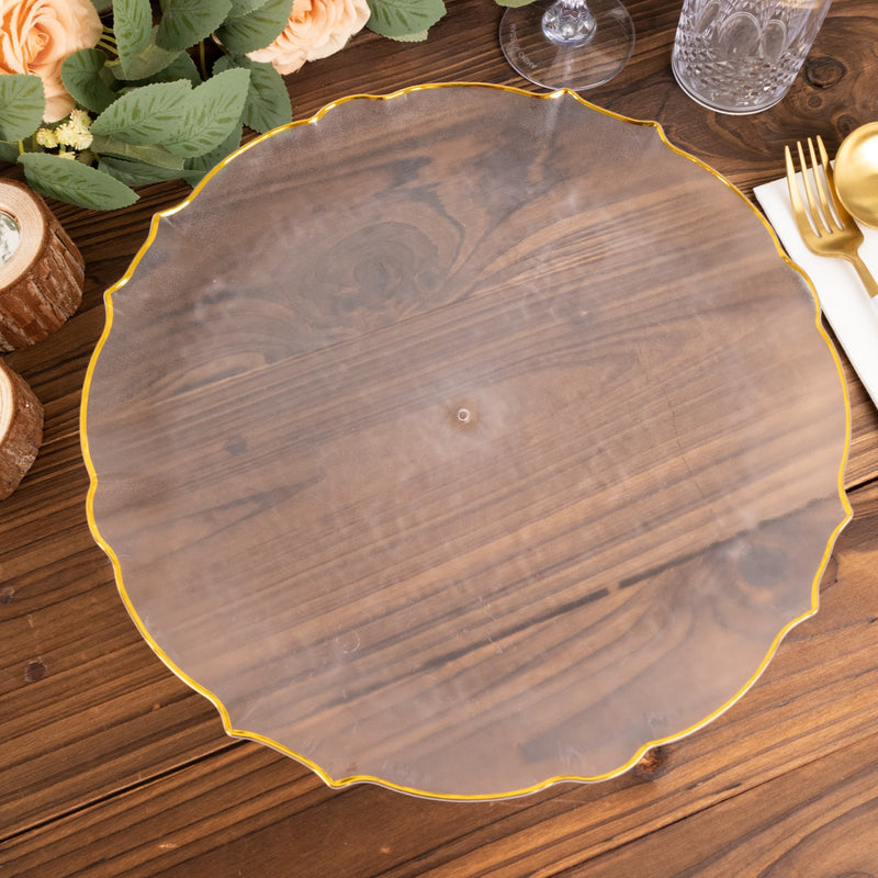 6 Pack Clear Sunflower Plastic Dinner Charger Plates with Gold Scalloped Rim, Round Decorative Serving Trays 13