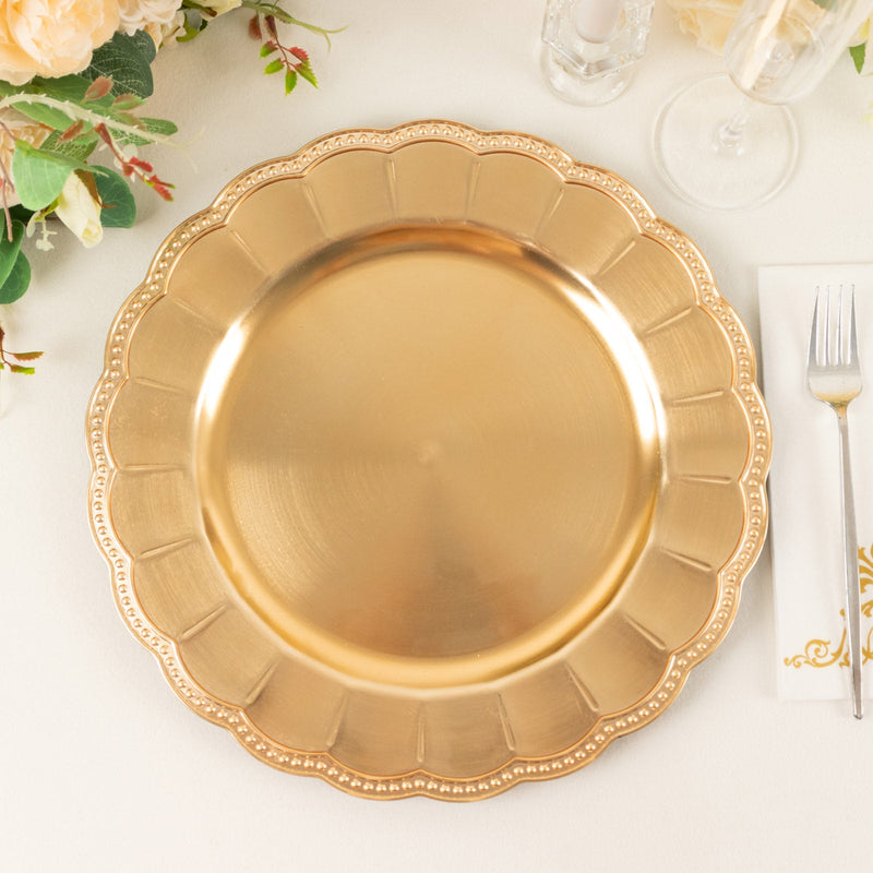 6 Pack Metallic Gold Acrylic Sunflower Charger Plates With Beaded Rim, Elegant Disposable Plastic Serving Plates 13