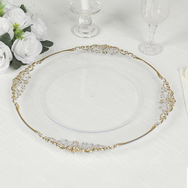 20 Pack Clear Gold Economy Plastic Charger Plates with Embossed Baroque Rim, Round Decorative Serving Plates - 13