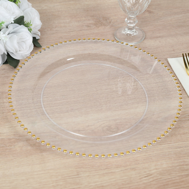 10 Pack Clear Gold Economy Plastic Charger Plates with Beaded Rim, Round Decorative Serving Plates - 13