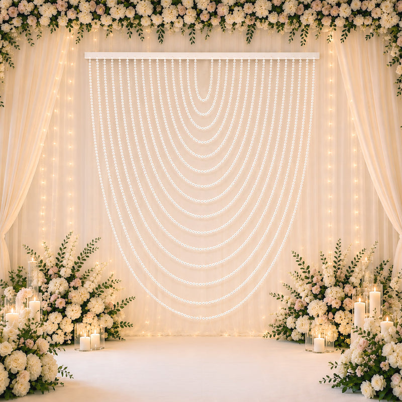 White Faux Pearl Beaded Curtain – Single Swag Valance Backdrop for Doorway, Arch or Wall Décor