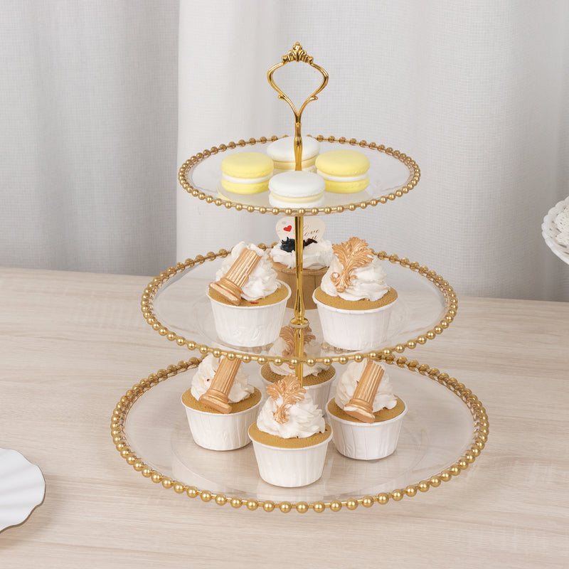 Clear 3-Tier Round Plastic Riser with Gold Beaded Rim, Dessert Display Serving Platter With Top Handle - 14