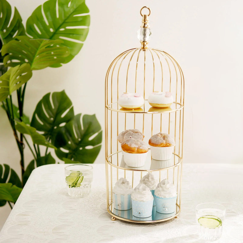 Crystal Top 3-Tier Metal Bird Cage Riser, Serving Tray With Option To Hang - Mirror Base 22