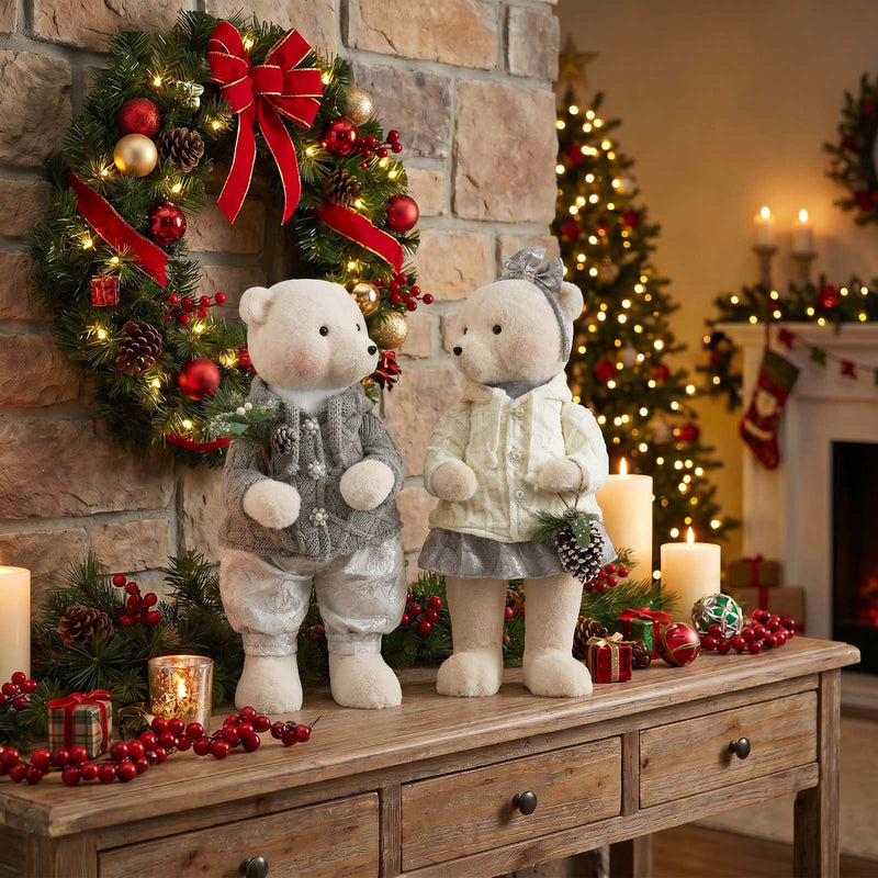 Set of 2 Plush Teddy Bear Figurines, Boy & Girl, 24