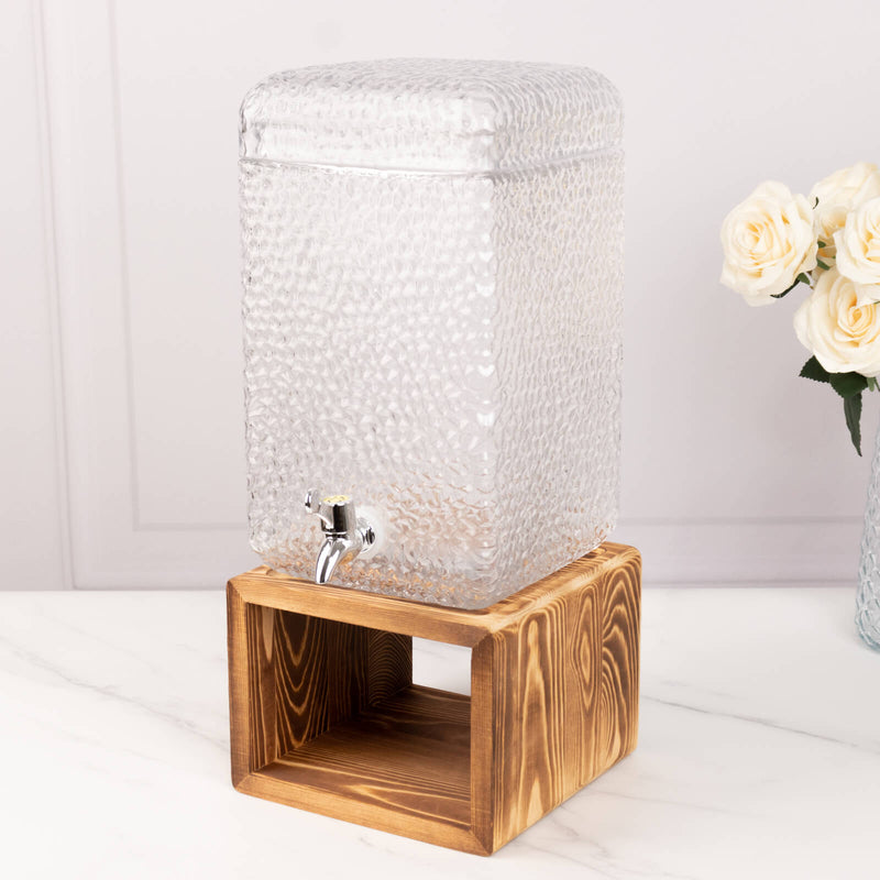 2 Gallon Clear Hammered Glass Beverage Dispenser with Wooden Stand, Countertop Rectangular Juice Jar Drink Dispenser with Lid and Stainless Steel Spigot - 19