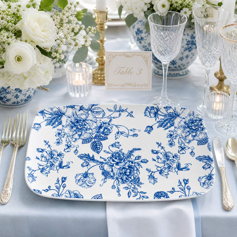 10 Pack French Toile Plastic Rectangle Serving Trays, Floral Party Platters - 12