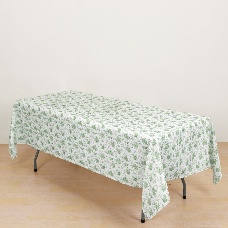 Dusty Sage Green Polyester Rectangular Tablecloth in French Toile Pattern