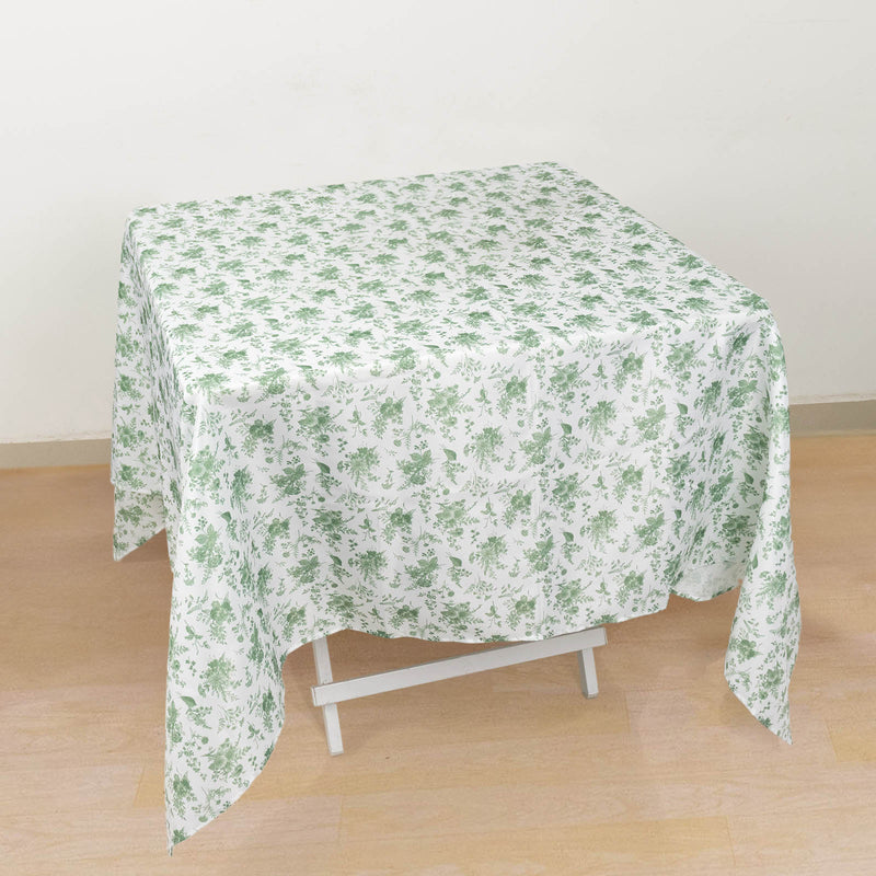 Dusty Sage Green Polyester Square Tablecloth in French Toile Pattern - 70