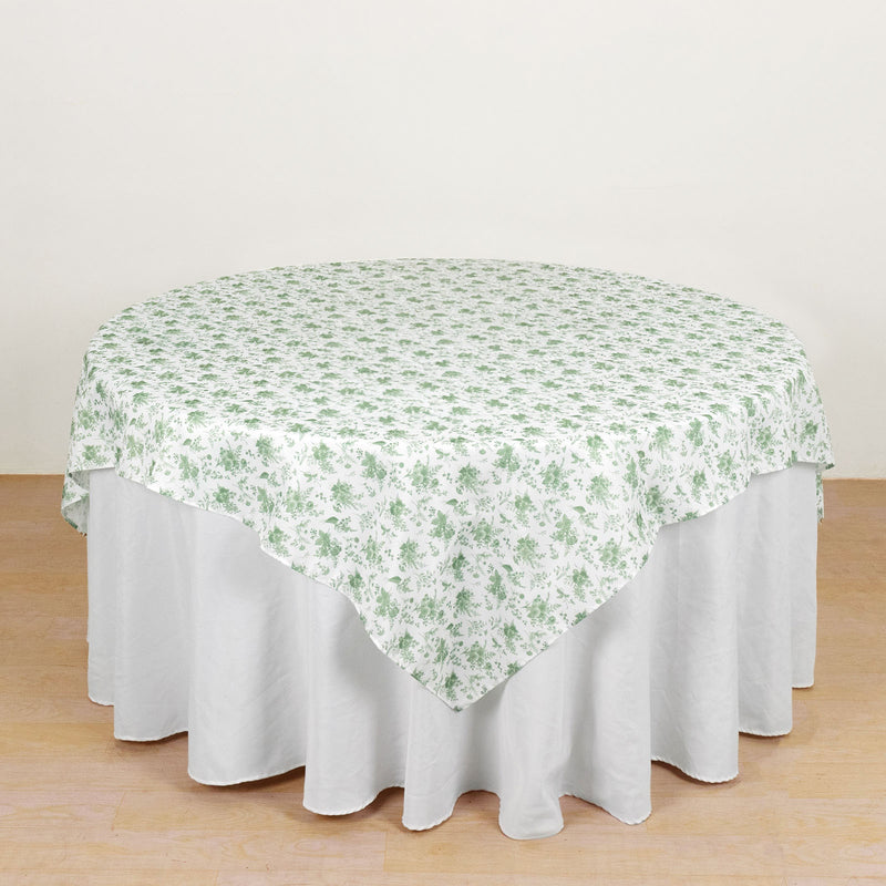 Dusty Sage Green Polyester Square Table Overlay in French Toile Pattern - 70