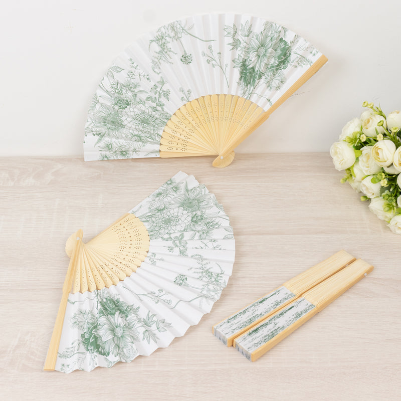 5-Pack Paper Folding Fans in White & French Toile Pattern, Handheld Decorative Fans with Bamboo Frame