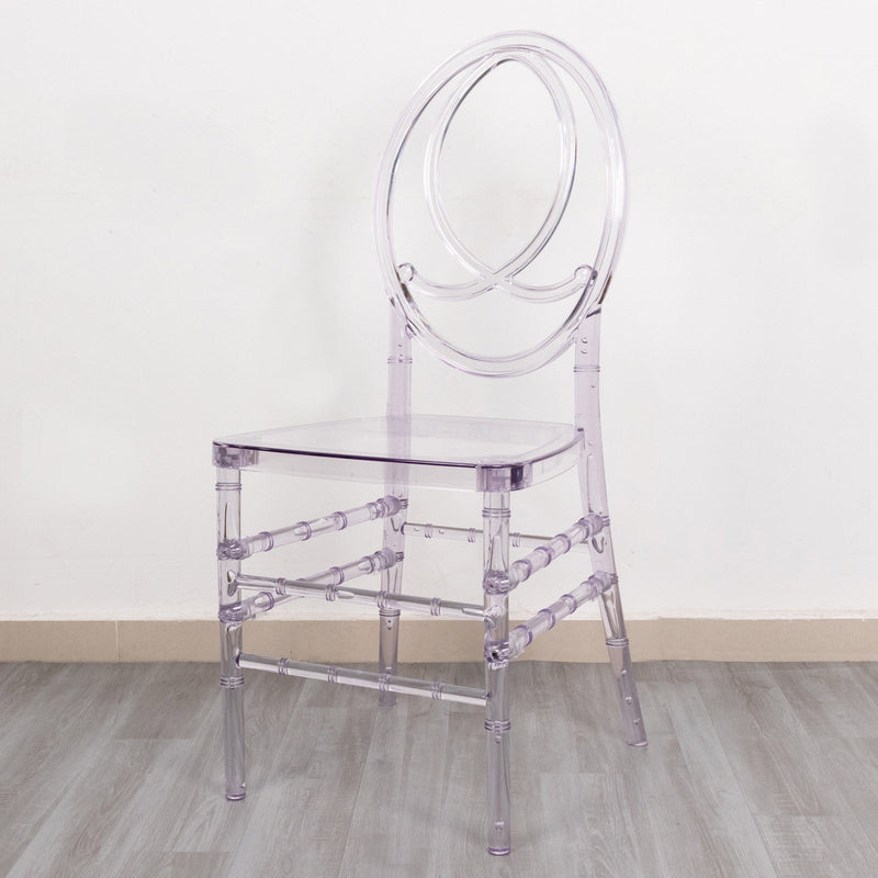 Stackable Clear Acrylic Phoenix Chiavari Ghost Chair, Transparent Resin Armless Oval Back Chair