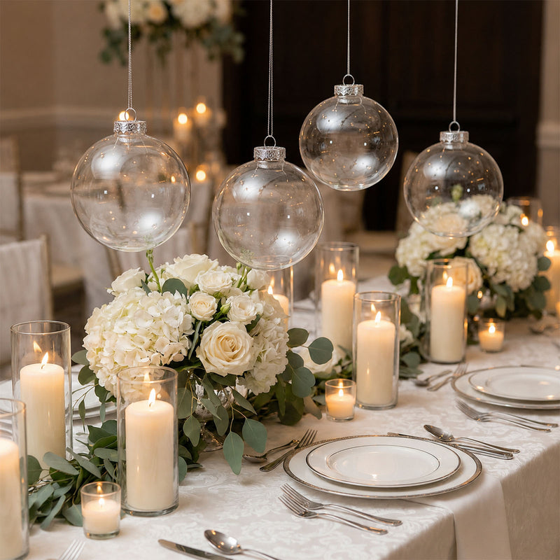 Clear Glass Hanging Ornament Balls, Fillable Round Baubles with Removable Silver Caps for DIY Crafts and Holidays