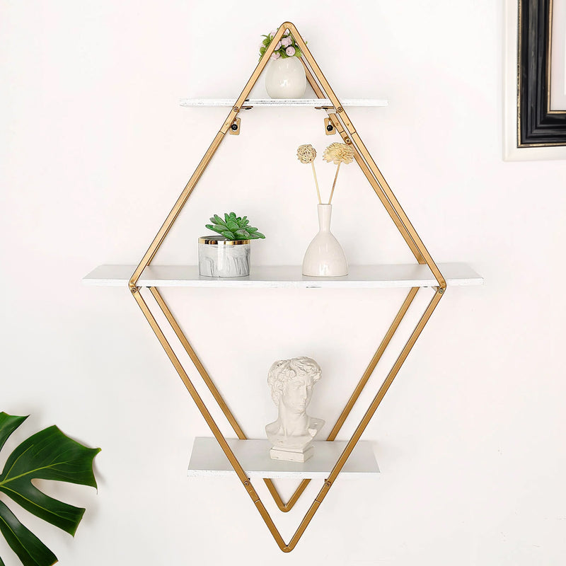 Geometric Diamond Shaped 3-Tier Gold Metal Wall Hanging Display Shelf, Dessert Stand Rack, Bookshelf With White Wood Panels 31