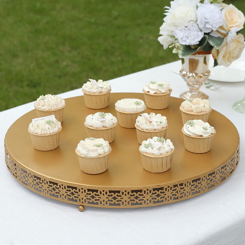 Gold Metal Fleur De Lis Round Pedestal Risers, Dessert Display Stand Table Centerpieces