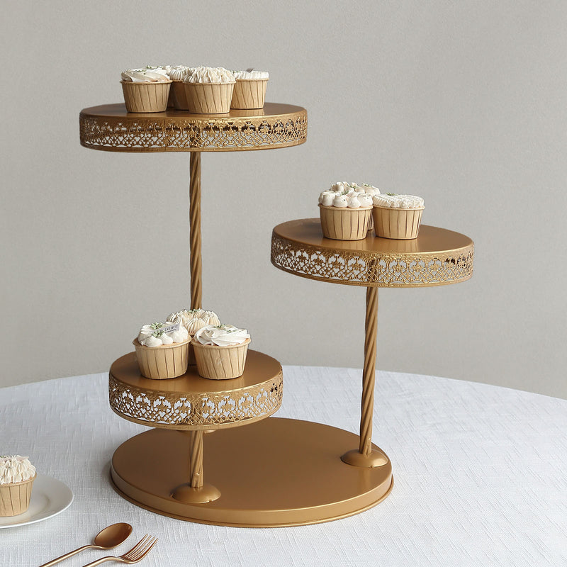 3-Tier Gold Metal Tower Dessert Stand, Hollow Lace Design Round Tiered Pedestal Riser - 21