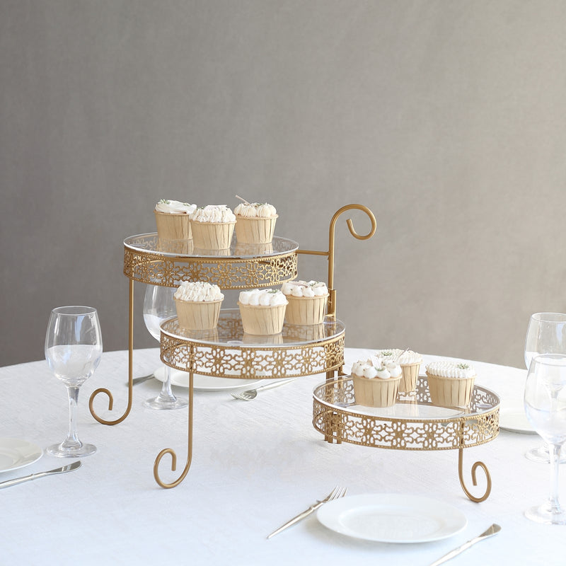 3-Tier Gold Metal Rotating Dessert Display Stand With Clear Acrylic Round Plates, Hollow Lace Design Pedestal Riser - 28