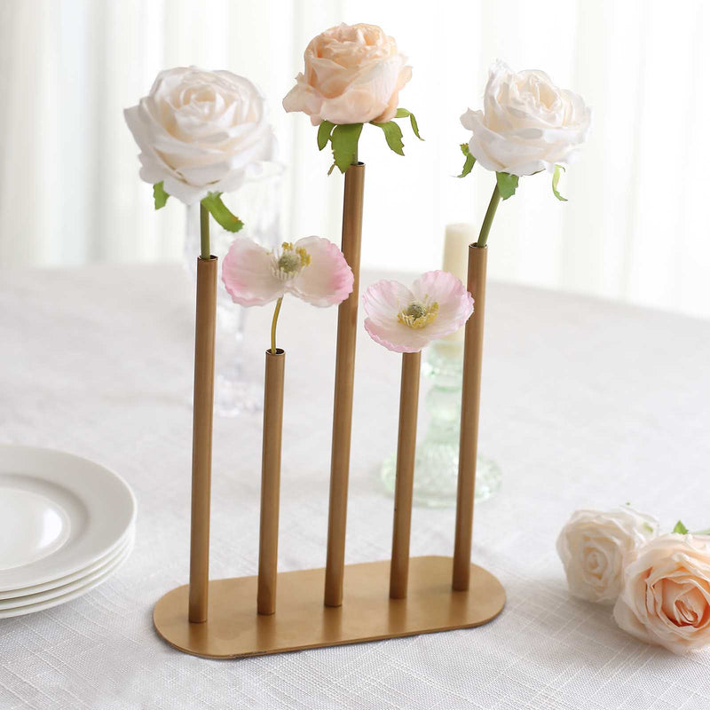 Gold Metal Minimalist Bud Vase Centerpiece, 5-Tubes Single Stem Flower Vase - 10