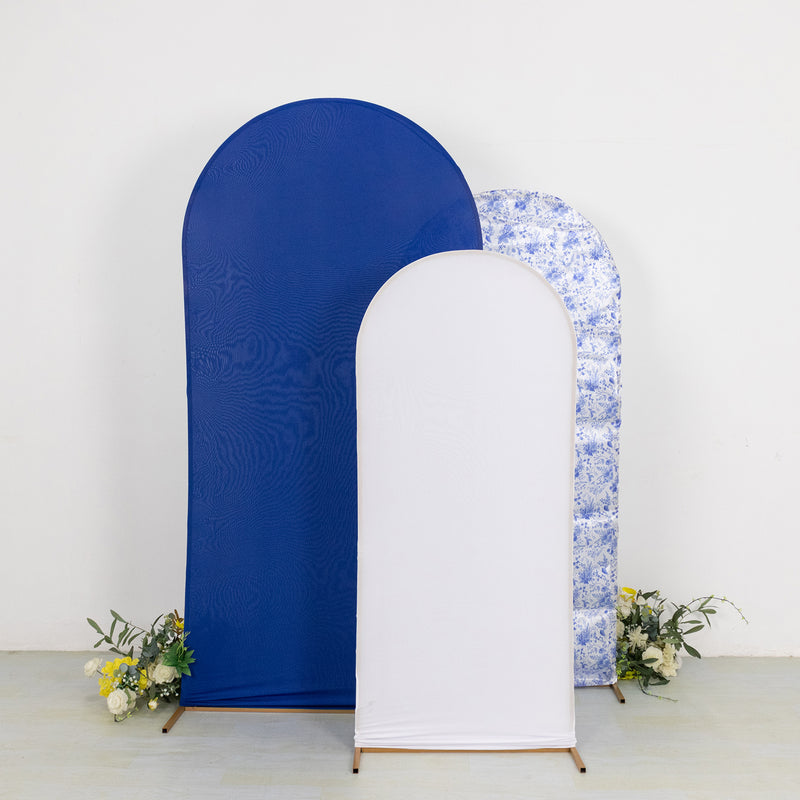 Set of 3 White Blue Fitted Backdrop Stand Covers with Round Top, French Toile Pattern and Matte Spandex Arch Frame Covers