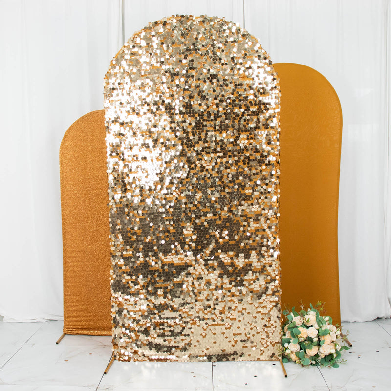 Set of 3 Gold Round Top Spandex Fit Photo Backdrop Stand Covers, Big Payette Sequin, Shimmer Tinsel and Matte Spandex Arch Frame Covers