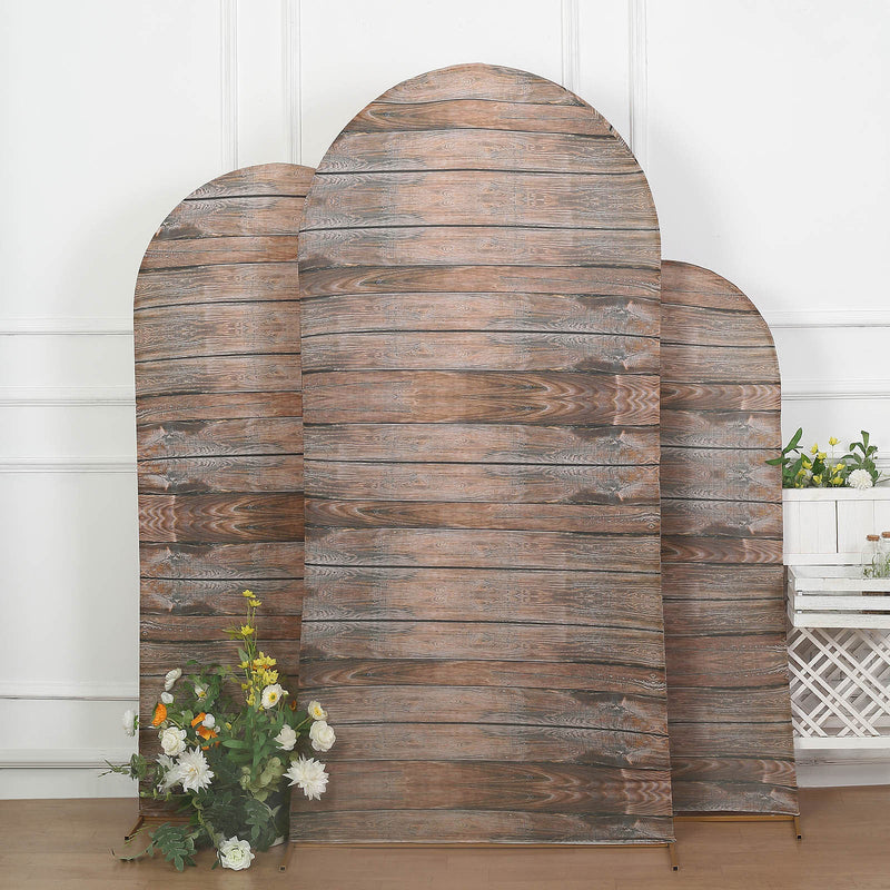 Set of 3 | Rustic Wood Plank Pattern Spandex Fitted Arch Covers For Round Top Chiara Backdrop Stands - 5ft, 6ft, 7ft