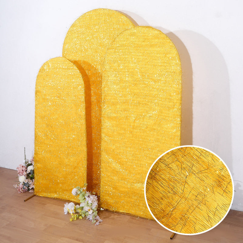 Set of 3 Metallic Fringe Chiara Backdrop Stand Covers With Tinsel Shag, Fitted Covers For Round Top Arches - 5ft, 6ft, 7ft