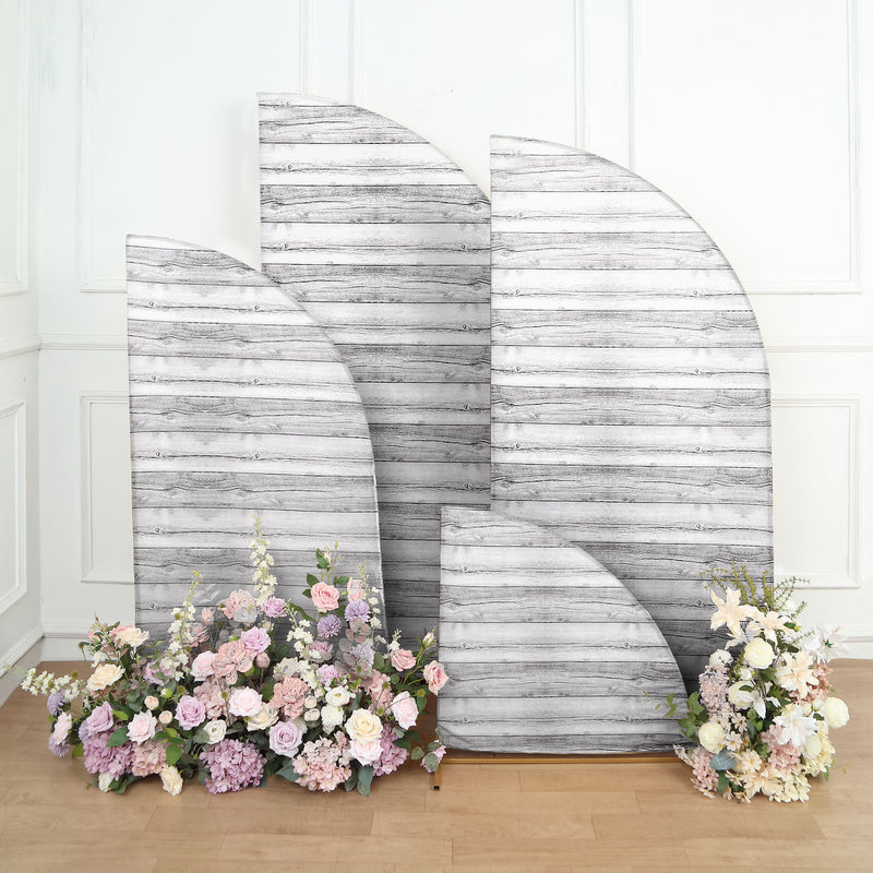 Set of 4 Spandex Chiara Backdrop Stand Covers With Rustic Wood Print, Fitted Covers For Half Moon Arches - 2.5ft, 5ft, 6ft, 7ft