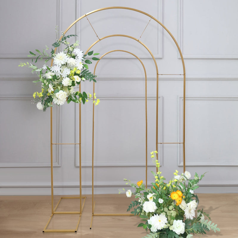 Set of 2 Gold Metal Round Top Arch Chiara Backdrop Stands, Double Arch Floral Balloon Frame Arbors - 6ft,8ft