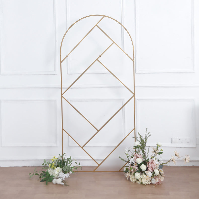 Gold Metal Round Top Geometric Backdrop Floor Stand, Rectangular Flower Frame Prop Stand With Cloudy Film Insert 7ft Tall